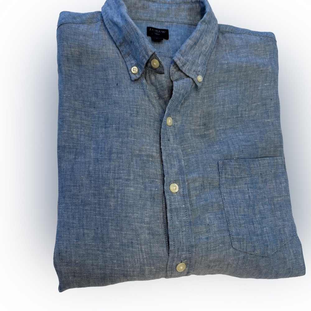 J. CREW 100% LINEN Men’s Shirt Button Down Blue Front Pocket Long Sleeves Sz L